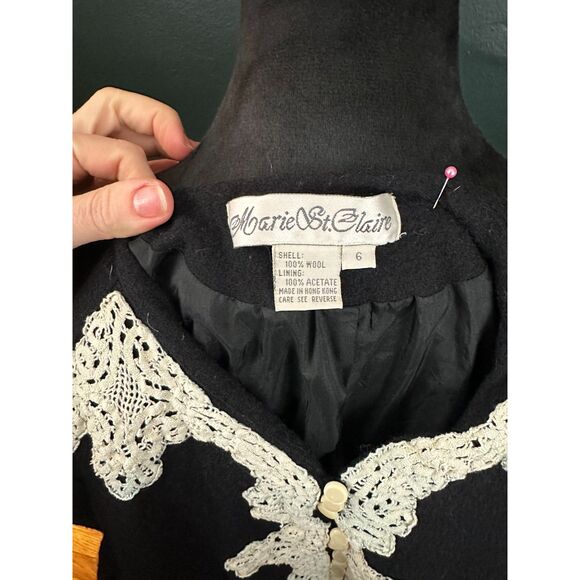 VNTG 80's Marie St. Claire Blk Wool Cropped Long Sleeve Jacket with Lace Size 6 - Picture 6 of 7